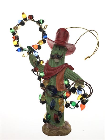 Texas Christmas Ornament Cowboy Cactus with Rope of Lights