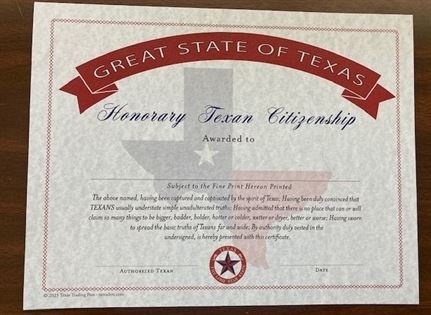 Honorary Citizen of the Great State of Texas Certificate